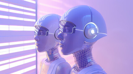 Fototapete - cartoon 3d render cyber futuristic chrome metal robots cyborg humans with headphones and vj sci-fi g