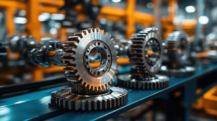 Close up of metallic gears in a factory setting, showcasing precision engineering and industrious production processes.