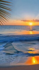 Wall Mural - A beautiful sunset over the ocean with a palm tree in the foreground. The water is calm and the sky is a mix of orange and pink hues