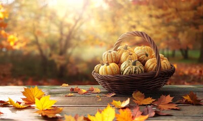 Wall Mural - Basket of small pumpkins with autumn background