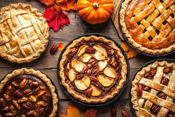 Wall Mural - Variety of traditional homemade autumn pies, pumpkin, apple and pecan on a rustic background, overhead shot