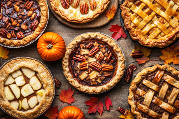 Wall Mural - Variety of traditional homemade autumn pies, pumpkin, apple and pecan on a rustic background, overhead shot