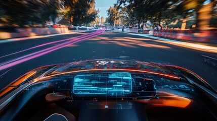 Poster - An autonomous vehicle navigates a city street during sunset, showcasing advanced technology and digital interfaces.