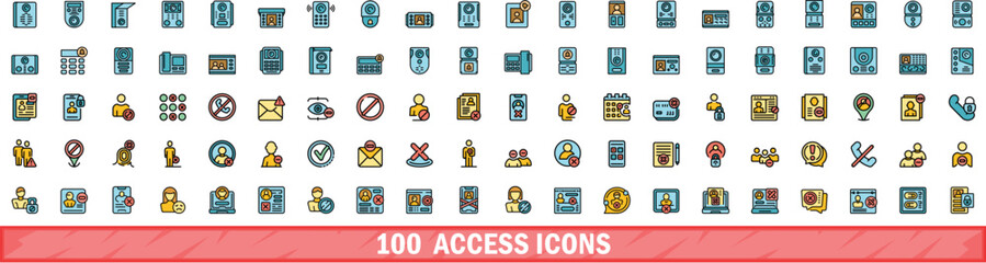 Poster - 100 access icons set. Color line set of access vector icons thin line color flat on white