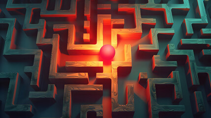 Sticker - Wooden Maze with Red Sphere 3D Illustration