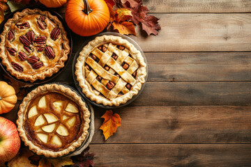 Wall Mural - Variety of traditional homemade autumn pies, pumpkin, apple and pecan on a rustic background, overhead shot