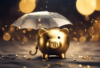 Piggy Gold concept safety baby finance banking money risk business investment umbrella bank earn insurance cash retirement safe account economy rain protection cover pig box financial saving