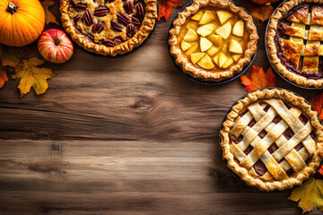 Wall Mural - Variety of traditional homemade autumn pies, pumpkin, apple and pecan on a rustic background, overhead shot