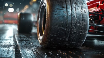 Aufkleber - Close-up of slick racing tires on a damp track, illuminated by lights, capturing the excitement of a night race.