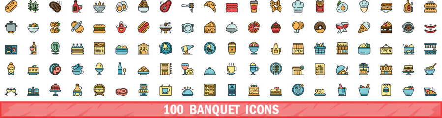 Wall Mural - 100 banquet icons set. Color line set of banquet vector icons thin line color flat on white