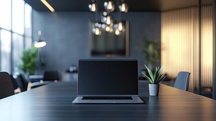 Laptop computer on a modern meeting table, close-up image in a stylish meeting room with minimalist decor