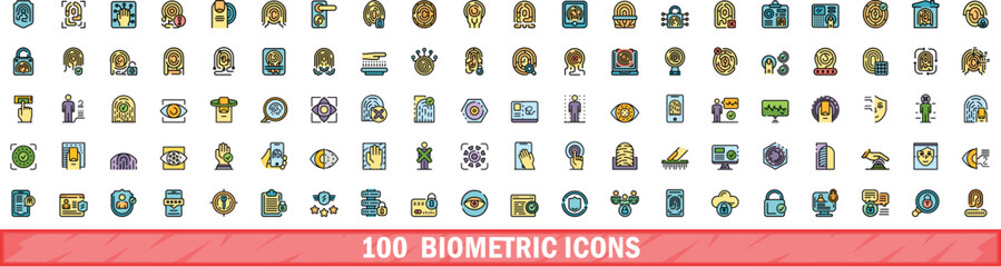 Poster - 100 biometric icons set. Color line set of biometric vector icons thin line color flat on white