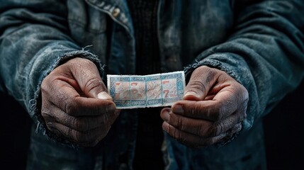 a close-up of hands holding a worn banknote, showcasing the texture and details, symbolizing currenc