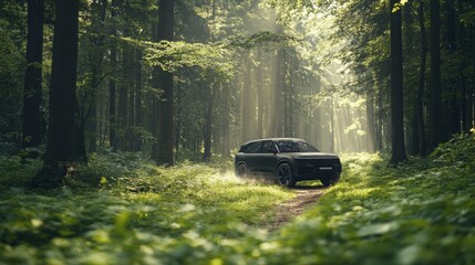 Aufkleber - A modern SUV navigates a narrow forest trail surrounded by tall trees and soft sunlight filtering through the leaves.
