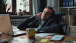© VK Studio - A man in a suit reclined, asleep at his office desk surrounded by colorful sticky notes, exuding humor and extreme fatigue.