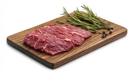 Wall Mural - Raw beef cut on a wooden chopping board, isolated on white, highlighting the freshness and texture of the meat