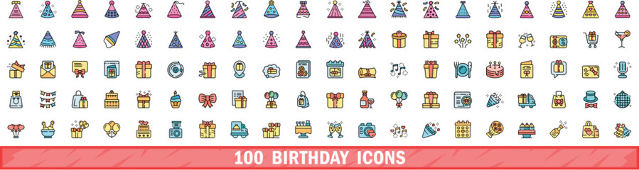 Poster - 100 birthday icons set. Color line set of birthday vector icons thin line color flat on white