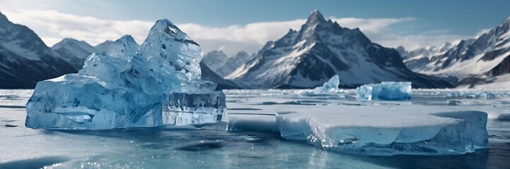 Ice Podium. Winter Background. Product Platform. Iceberg. Lake in the mountains.