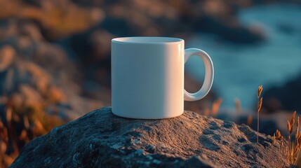 Wall Mural - A white coffee mug sits on top of a rock, perfect for outdoor use or as a decorative accent