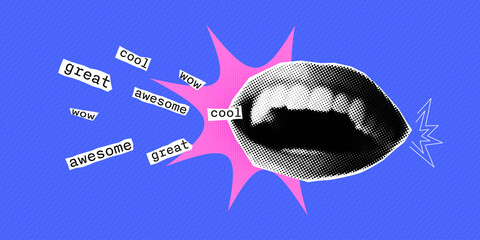 Aufkleber - Halftone retro pop collage with a smiling mouth. Words of approval and praise cut out of a magazine. Cool, wow, awesome, great. Vector contemporary design.