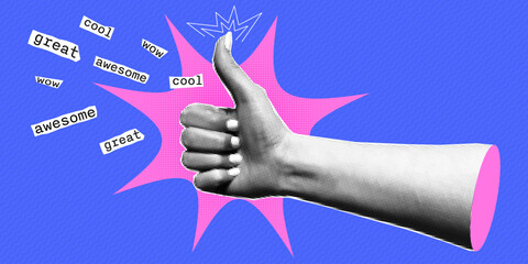 Aufkleber - Halftone retro pop collage with thumbs up gesture. Words of approval and praise cut out of a magazine. Cool, wow, awesome, great. Vector contemporary design. 