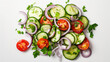 © VK Studio - Close-up of a fresh salad with cucumber slices, halved cherry tomatoes, red onion rings, and sprigs of parsley on a white surface.