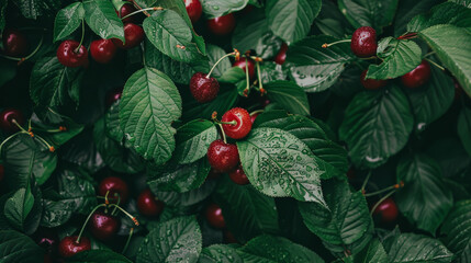 Poster - Dew-kissed cherries rest among lush green leaves, capturing a fresh and vibrant garden moment in the early morning.