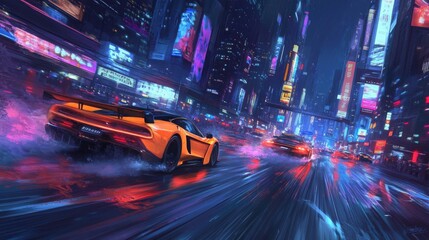 Poster - Two high-performance cars race down vibrant, neon-lit streets as rain creates reflections and a thrilling atmosphere.