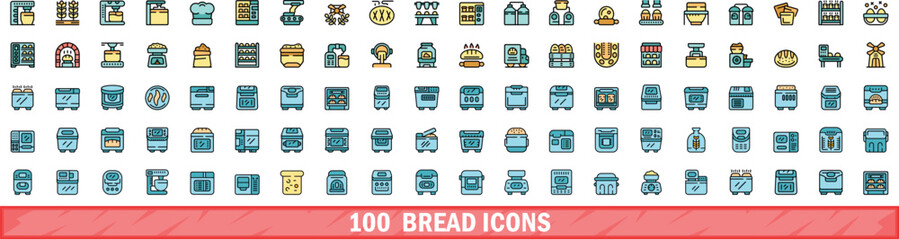 Poster - 100 bread icons set. Color line set of bread vector icons thin line color flat on white
