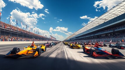 Poster - Cars rev their engines at the starting line of the Indianapolis Motor Speedway, ready for an exciting race under clear skies.