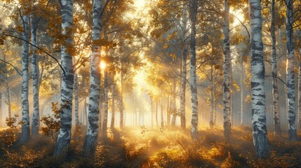 Wall Mural - Golden Hour in the Birch Forest