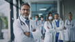 © VK Studio - A confident senior doctor with a stethoscope stands in a modern hospital corridor, arms crossed, with medical staff behind, epitomizing authority and care.