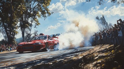 Poster - A red sports car drifts around a bend, kicking up dust and smoke while an enthusiastic crowd watches on a sunny day.