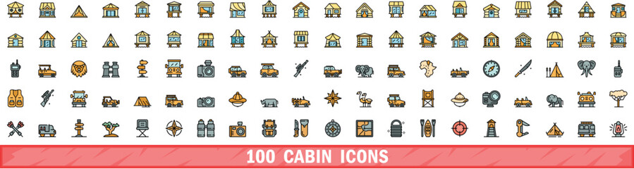 Poster - 100 cabin icons set. color line set of cabin vector icons thin line color flat on white