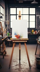 A blank canvas on an easel mockup in an artist's studio, surrounded by art supplies and colorful paint splashes. The studio has large windows allowing natural light to illuminate the space.