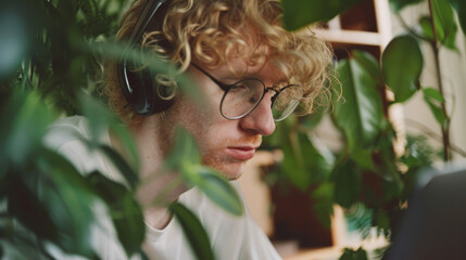 Sticker - A focused individual with curly hair and glasses, wearing headphones, is immersed in work on a laptop, surrounded by lush greenery indoors.