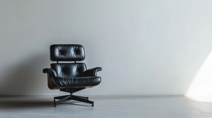 Wall Mural - A black leather chair placed in a minimalist white room setting