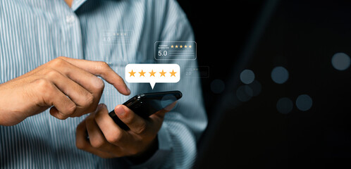 customer review satisfaction feedback survey concept, user give rating to service experience on onli