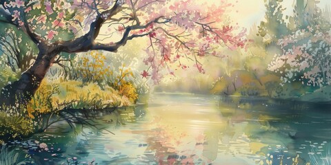 Wall Mural - Watercolor painting depicting the beauty of spring