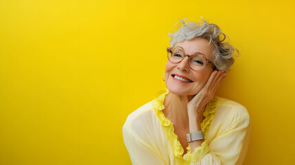 Wall Mural - Smiling senior woman with short gray hair against yellow background.