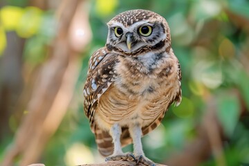 A detailed close-up of a burrowing owl with bright yellow eyes, perched on a branch in a lush green forest.