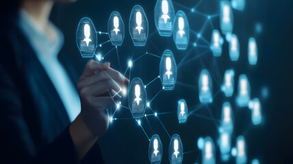 Poster - person interacting with a digital network interface, illustrating connectivity.