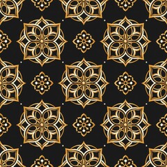 Seamless pattern with gold ornament on black background