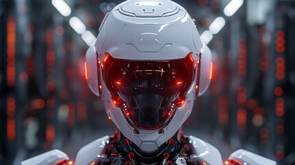  - futuristic robotic helmet displayed in high-tech environment with illuminated features