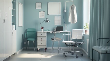 Doctor's office with a desk, medical equipment, and patient chair.