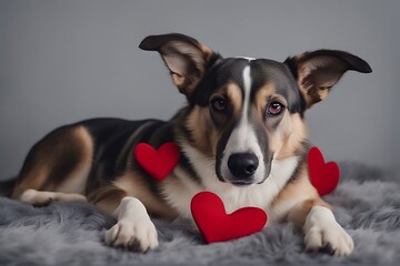 Wall Mural - happy shape red close heart valentines isolated beauty day background adem hide dog love gray nubes february 14 valentine puppy canino animal pet mascot grey white lovely purebred portrait indoor