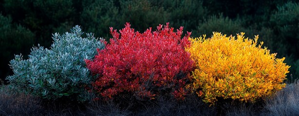 Wall Mural - multi-colored bushes in a serene woodland at dawn, close-up, copy space, more clarity with clear lig