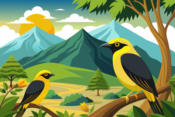 Wall Mural -  Golden-collared Manakins on the tree, mountain in the background, vector illustration