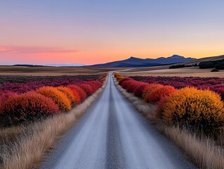 Wall Mural - serene rural road with colorful bushes at dawn, semi close-up, more clarity with clear light and sha