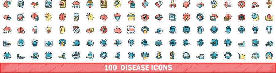 Poster - 100 disease icons set. color line set of disease vector icons thin line color flat on white